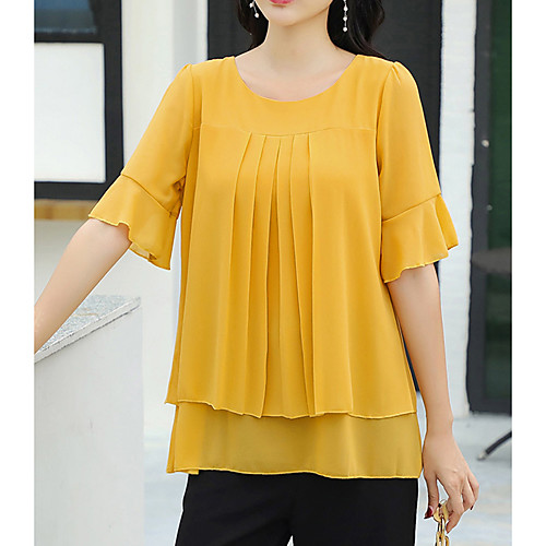 

Women's Blouse Shirt Solid Colored Layered Ruffle Round Neck Tops Business Basic Basic Top Black Red Yellow