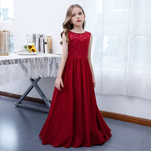 

A-Line Jewel Neck Floor Length Chiffon / Lace Junior Bridesmaid Dress with Pleats