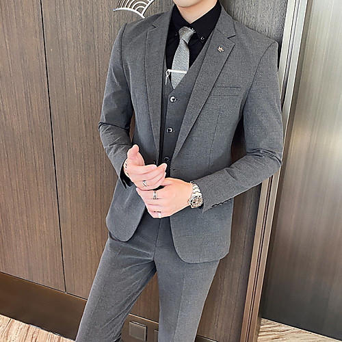

Black / Light Grey / Gray Solid Colored Slim Fit Polyester Suit - Notch Single Breasted One-button