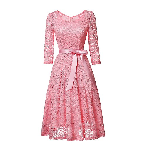 

Women's Swing Dress Knee Length Dress Blushing Pink Wine Beige Gray Long Sleeve Solid Color Lace Patchwork Bow Summer V Neck Hot Casual 2021 M L XL XXL