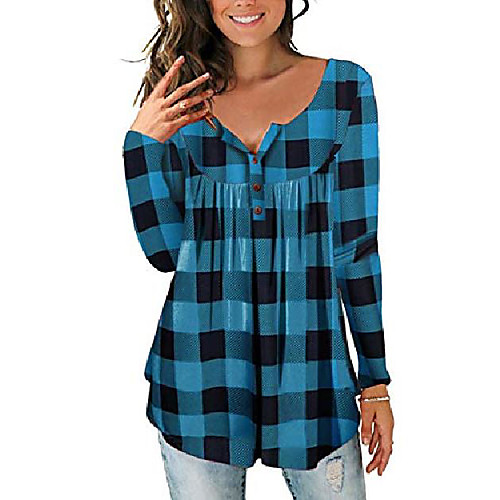 

women's paisley printed button top long sleeve v neck pleated casual flare tunic loose blouse shirt, blue, large