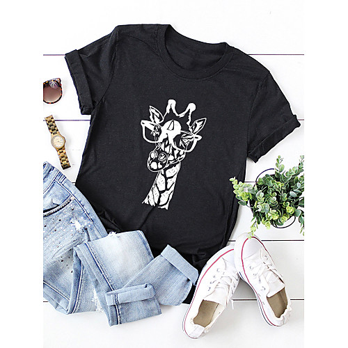 

Women's T shirt Giraffe Round Neck Tops Basic Basic Top Wine Red Black Blue