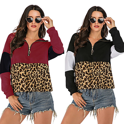 

Women's Hoodie Pullover Black Half Zip Oversized Zipper Leopard Print Patchwork Hoodie Color Block Cute Sport Athleisure Hoodie Top Long Sleeve Warm Soft Oversized Comfortable Everyday Use Causal