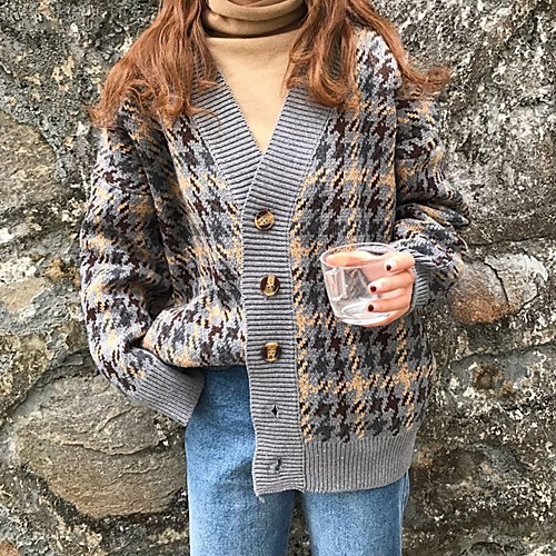 

Women's Knitted Houndstooth Cardigan Long Sleeve Loose Sweater Cardigans Deep V Spring Fall Beige Gray
