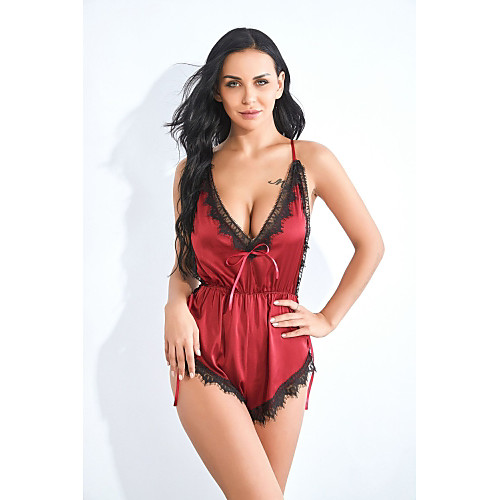 

Women's Backless Mesh Lace Bodysuits Nightwear Patchwork Embroidered Red S M L / Strap