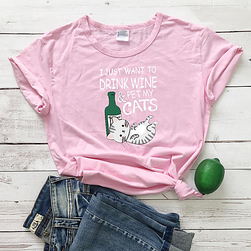 

Women's T shirt Cat Graphic Text Print Round Neck Tops 100% Cotton Basic Basic Top White Black Blushing Pink