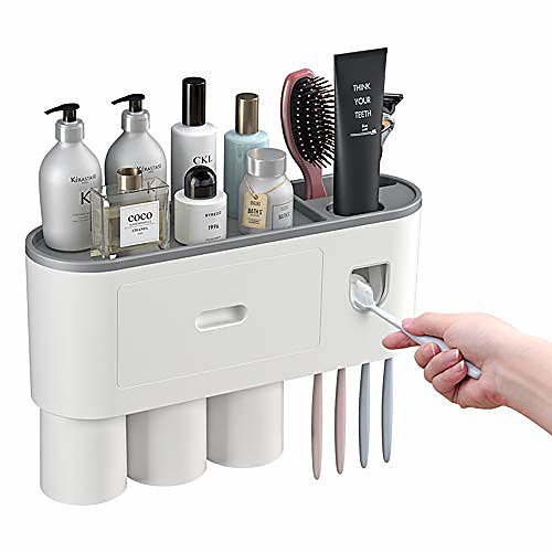 

wall-mounted toothbrush holder, multifunctional automatic toothpaste dispenser space saving family toothbrush organizer with cups and drawers cosmetic organizer (3 cups)