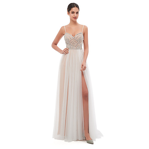 

A-Line Celebrity Style Sexy Engagement Formal Evening Dress Spaghetti Strap Sleeveless Court Train Tulle with Pearls Beading 2021