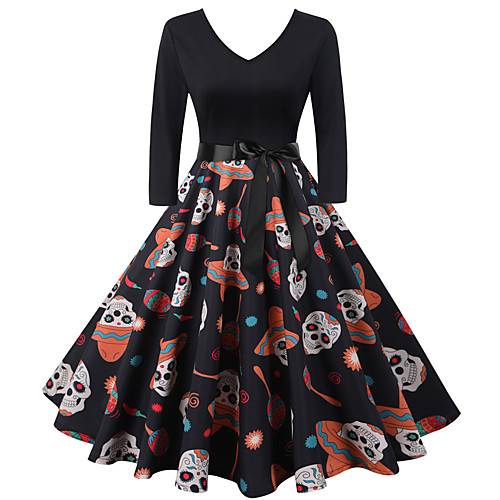 

Women's Swing Dress Knee Length Dress Black Purple Orange Gray Long Sleeve Print Patchwork Print Fall Spring V Neck Elegant Vintage 2021 S M L XL XXL