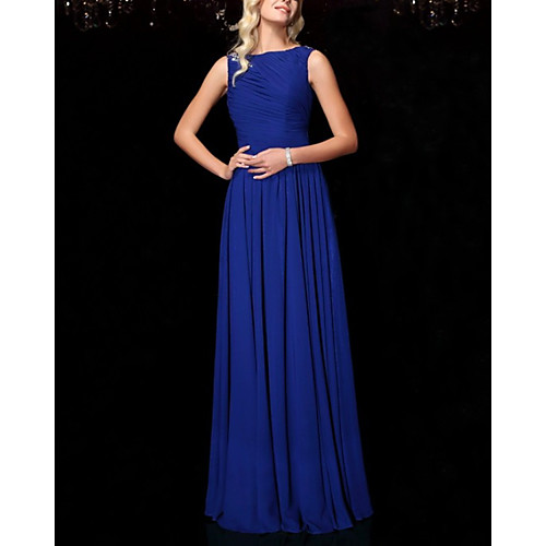 

A-Line Minimalist Elegant Wedding Guest Formal Evening Dress Boat Neck Sleeveless Floor Length Chiffon with Pleats 2021