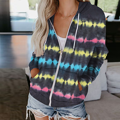 

Women's Hoodie Sweatshirt Striped Zip Up Daily Other Prints Casual Hoodies Sweatshirts Black Blue Rainbow