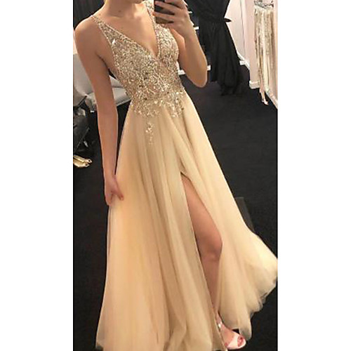 

Women's Swing Dress Maxi long Dress Gold Sleeveless Solid Color Split Mesh Patchwork Fall Spring V Neck Hot Elegant Sexy Party Club Slim 2021 S M L XL