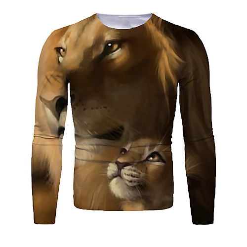 

Men's T shirt 3D Print Graphic Animal Long Sleeve Daily Tops Basic Brown
