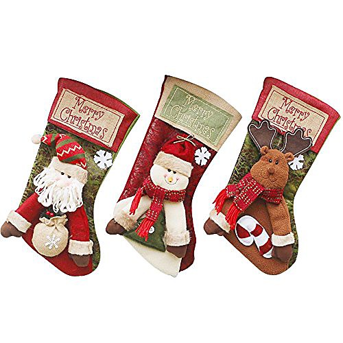 

Christmas Stocking 3 Pack 18 Large Classic 3D Style Santa Claus Snowman, Reindeer and Sturdy Hanging Loop for Fireplace Hanging Home Decorations