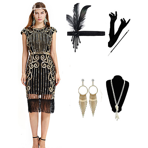 

The Great Gatsby 1920s Vintage Vacation Dress Flapper Dress Outfits Masquerade Prom Dress Women's Tassel Fringe Costume Golden / Red / Green Vintage Cosplay Party Prom / Gloves / Headwear / Necklace