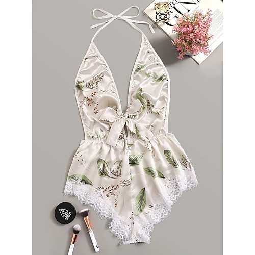 

Women's Lace Bow Print Bodysuits Nightwear Floral Patchwork Beige One-Size