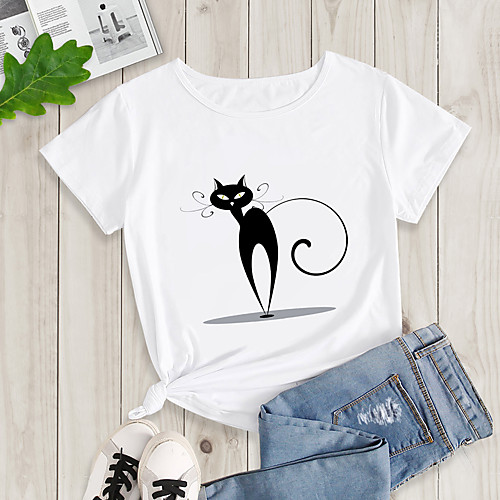 

Women's Going out T-shirt Cat Print Round Neck Tops Basic Basic Top White