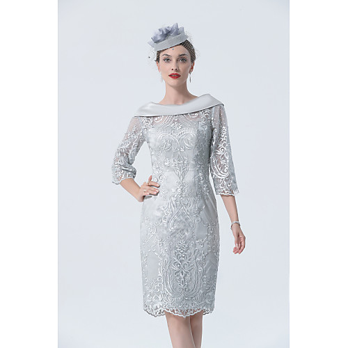 

Sheath / Column Mother of the Bride Dress Elegant Off Shoulder Knee Length Lace Satin Half Sleeve with Appliques 2021