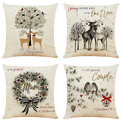 

Set of 4 Simple Christmas Linen Square Decorative Throw Pillow Cases Sofa Cushion Covers 18x18