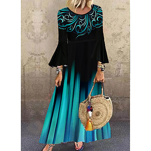 

Women's Shift Dress Maxi long Dress Blue Long Sleeve Polka Dot Geometric Layered Print Fall Spring Round Neck Hot Vintage vacation dresses Flare Cuff Sleeve 2021 M L XL XXL 3XL