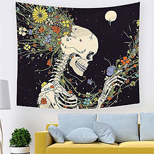 

skull floral flowers moon tapestry colorful human skeleton tapestry for bedroom living room dining room.…