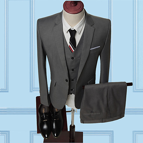 

Black / Navy Blue / Gray Solid Colored Standard Fit Polyester Suit - Notch Single Breasted One-button