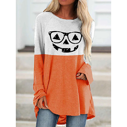 

Women's Halloween T-shirt Graphic Prints Long Sleeve Print Round Neck Tops Loose Basic Halloween Basic Top White