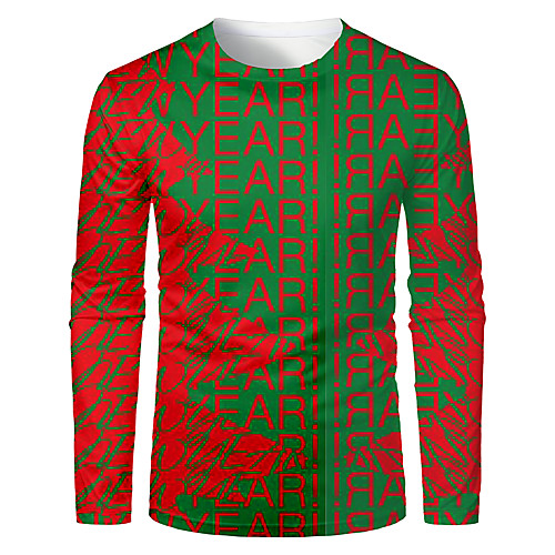 

Men's T shirt 3D Print Graphic 3D Letter Long Sleeve Christmas Tops Basic Green / Red