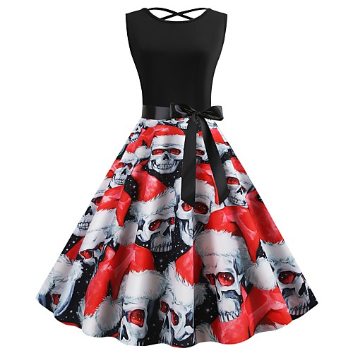 

Women's Halloween A Line Dress Knee Length Dress White Black Red Blushing Pink Sleeveless Print Bow Print Fall Round Neck Hot Vintage 2021 S M L XL XXL