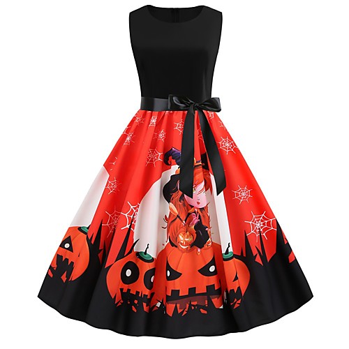

Women's Halloween A Line Dress Knee Length Dress Orange Sleeveless Pumpkin Print Patchwork Bow Print Summer Round Neck Vintage 2021 S M L XL XXL