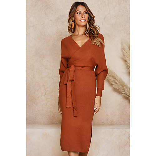 

Women's Sweater Jumper Dress Midi Dress Black Purple Yellow Brown Gray Long Sleeve Solid Color Split Fall Winter V Neck Hot Casual 2021 S M L XL
