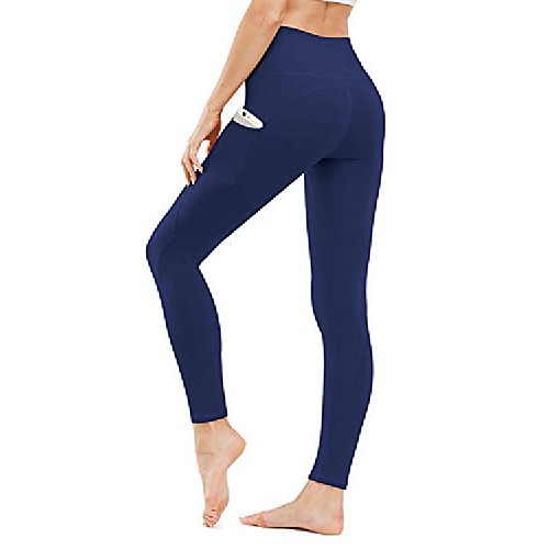 

high waist yoga pants, yoga pants with pockets tummy control workout pants 4 way stretch pocket leggings navy blue