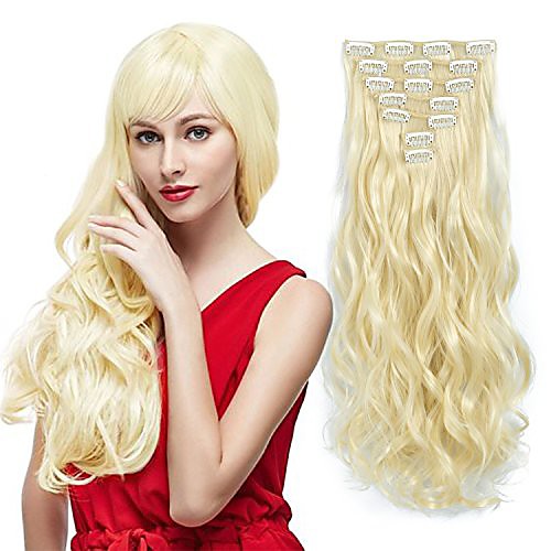 

7pcs/set clip in hair extensions blonde 20inch long wavy heat resistant synthetic hairpiece gifts for girl lady women (613#)
