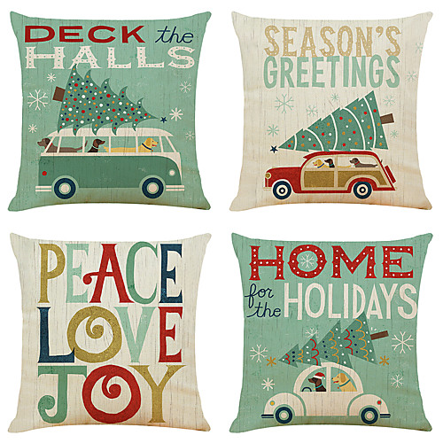 

Set of 4 Christmas holiday Linen Square Decorative Throw Pillow Cases Sofa Cushion Covers 18x18