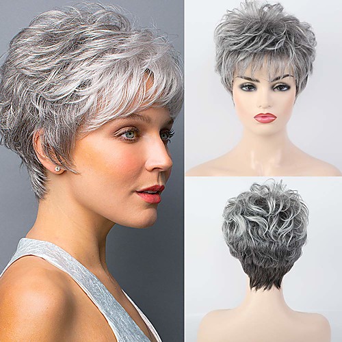 

Human Hair Blend Wig Short Classic Pixie Cut With Bangs Dark Gray Women Comfortable Exquisite Capless Women's Grey