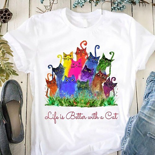

Women's T shirt Cat Print Round Neck Tops Basic Basic Top White Blue Purple