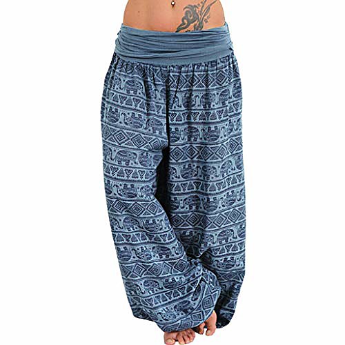 

yoga pants for women plus size mid waisted casual loose baggy wide leg bohemian floral printed sports pants aihihe(002 blue,xxxl