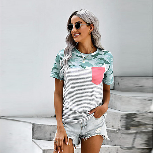 

Women's T-shirt Striped Camouflage Patchwork Print Round Neck Tops Basic Basic Top Green