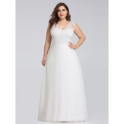 

Women's A Line Dress Maxi long Dress White Sleeveless Solid Color Zipper Lace Spring Summer V Neck Hot Elegant Formal 2021 4XL 5XL 6XL 7XL 8XL 9XL / Plus Size