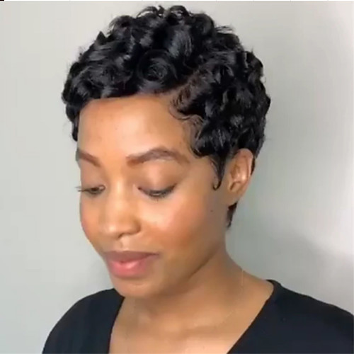 

Synthetic Wig Tight Curl Pixie Cut Wig Short Black Synthetic Hair 6 inch Women's Easy to Carry Cool Comfy Black