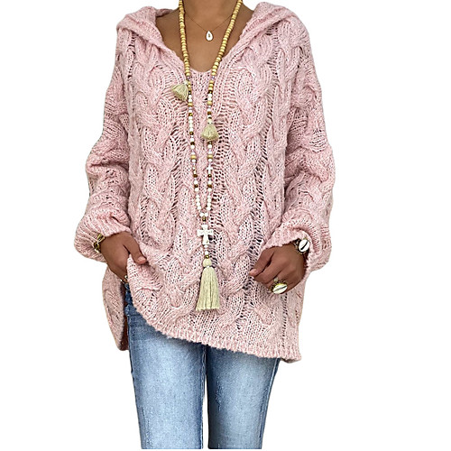 

Women's Basic Hollow Out Knitted Solid Color Plain Pullover Long Sleeve Sweater Cardigans Hooded Fall Winter White Black Blue