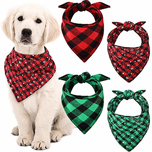 

4 pieces christmas dog bandanas plaid snowflake pet scarf bibs triangle dog bibs for large medium small pets supplies (l)