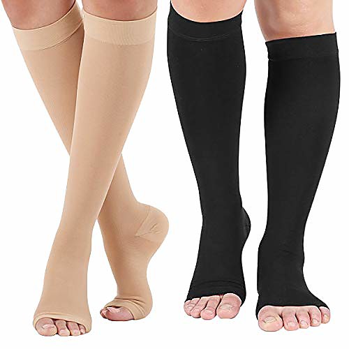 

open toe compression socks 2 pairs 20-30 mmhg knee high support stockings toeless for men or women support pregnancy, running, sports, flight travel with free auxiliary wear socks l