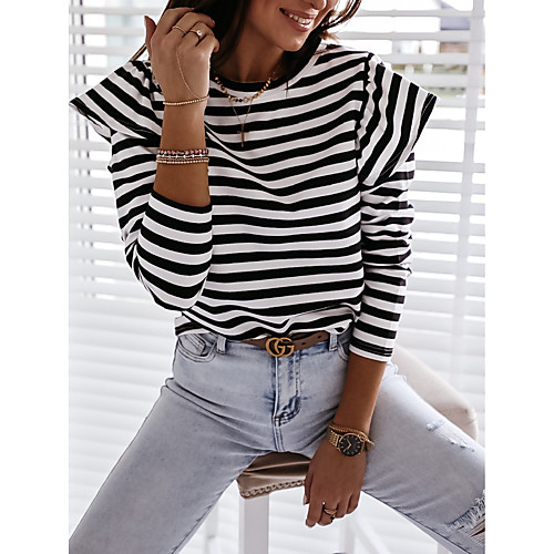 

Women's Blouse Shirt Striped Long Sleeve Ruffle Print Round Neck Tops Cotton Basic Basic Top Black Red