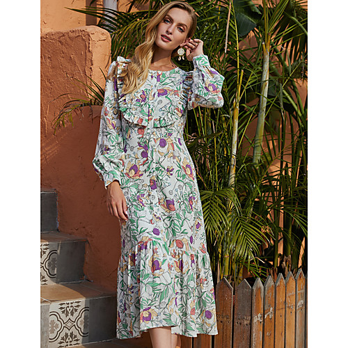 

Women's A Line Dress Midi Dress Green Long Sleeve Floral Ruffle Print Fall Winter Round Neck Casual Lantern Sleeve 2021 S M L XL