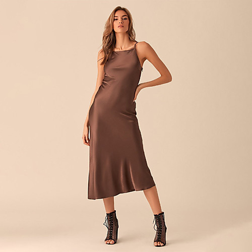 

Women's Strap Dress Midi Dress Khaki Brown Sleeveless Solid Color Patchwork Summer Square Neck Hot Sexy 2021 S M L XL XXL