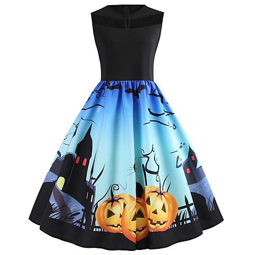 

Women's Halloween A Line Dress Knee Length Dress Black Sleeveless Cat Pumpkin Print Lace Patchwork Print Summer Round Neck Hot Vintage 2021 S M L XL XXL 3XL