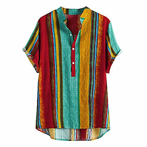 

mens striped shirt stand collar colorful beach party holiday camp casual short sleeve ethnic hawaiian top green