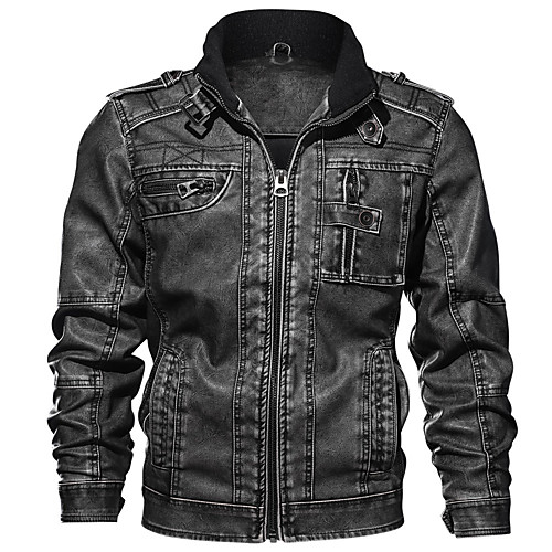 

Men's Solid Colored Basic Fall & Winter Jacket Long Daily Long Sleeve PU Coat Tops Black
