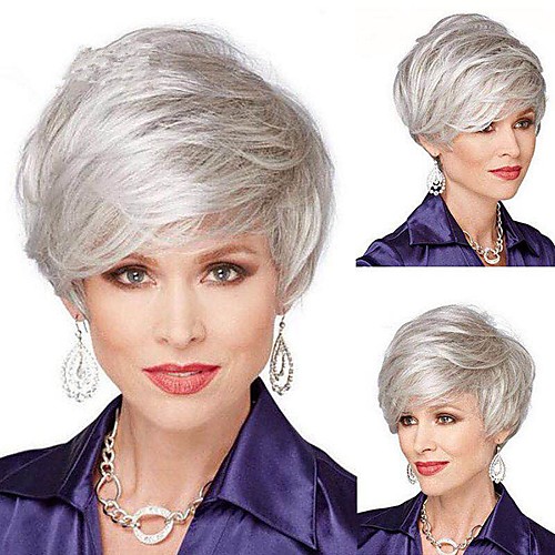 

Synthetic Wig Straight Short Bob Wig Short Silver grey Synthetic Hair 12 inch Women's Heat Resistant Gray hairjoy